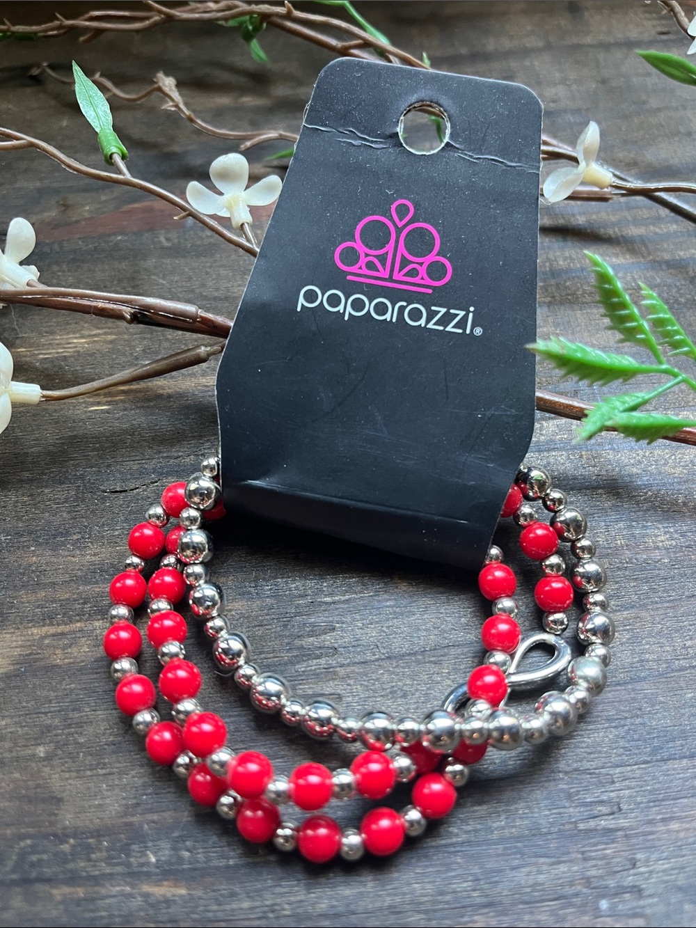 paparazzi Red and Silver Beaded Stretch Bracelet Trio